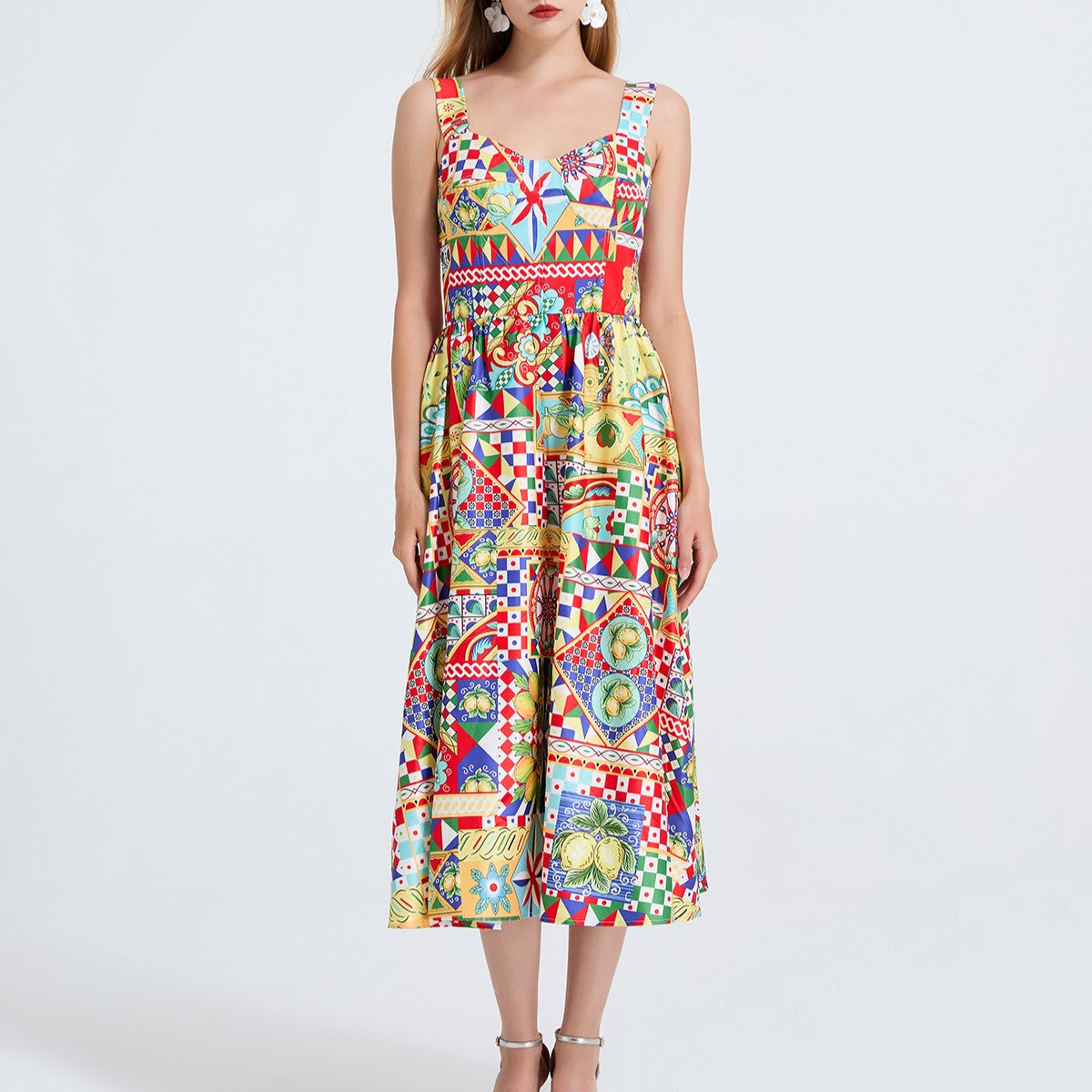 Women Printed Spaghetti Strap Dress With Elastic Back And High Waist