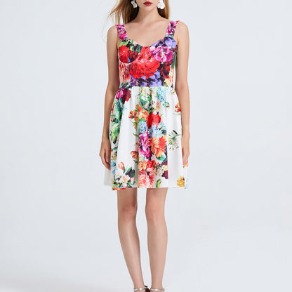 Vestido corto con cuello halter, cintura alta y estampado para mujer con tirantes elásticos en la espalda.