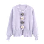 Gilet cardigan en laine à motif floral 3D, style classique chic français, avec perles et imitation vison.