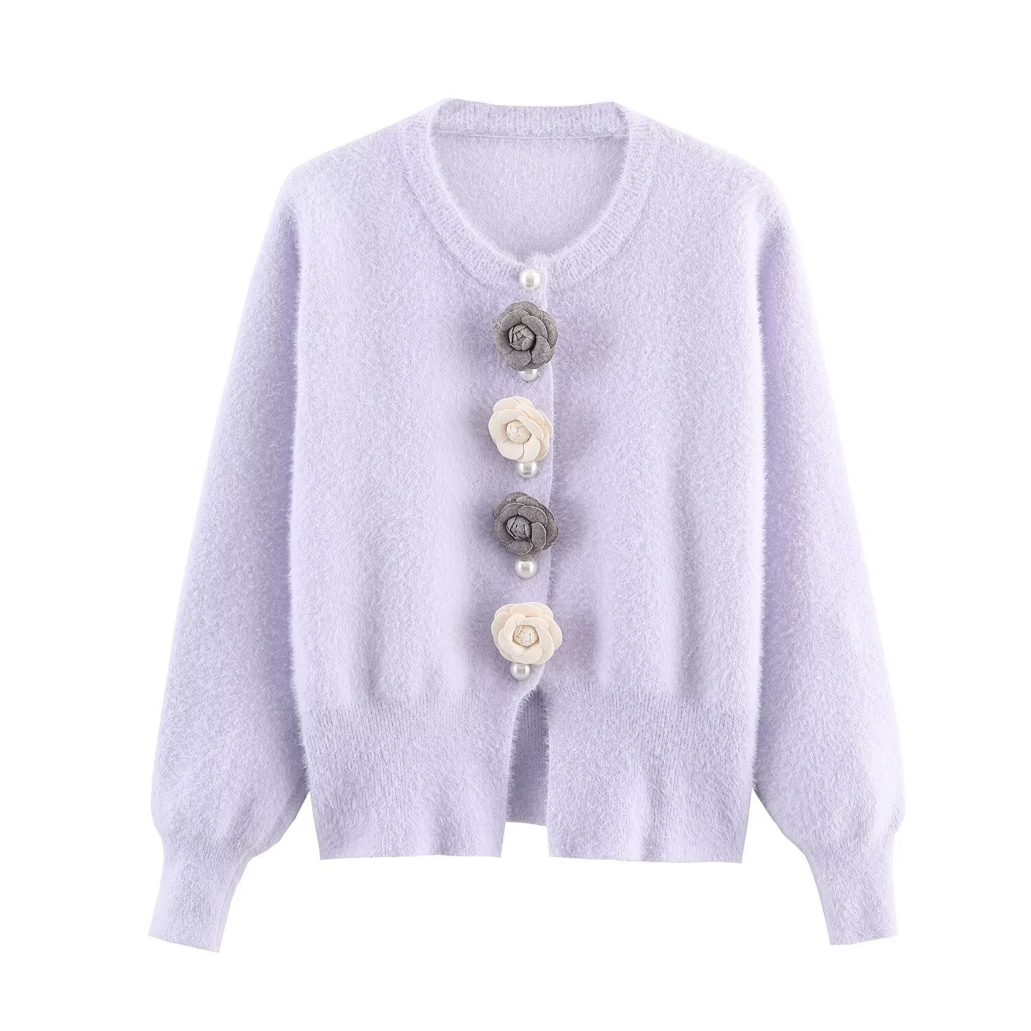 Cárdigan de punto de imitación de visón con estampado floral tridimensional de lana con cuentas, estilo clásico francés chic para mujer