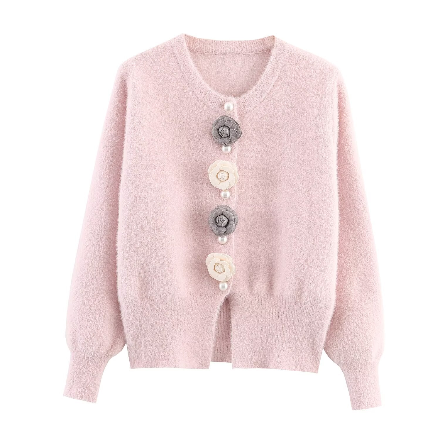 Cárdigan de punto de imitación de visón con estampado floral tridimensional de lana con cuentas, estilo clásico francés chic para mujer