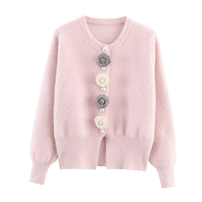 Women Clothing French Classic Chic Beaded Wool Three Dimensional Floral Knitted Imitation Mink Cardigan Coat