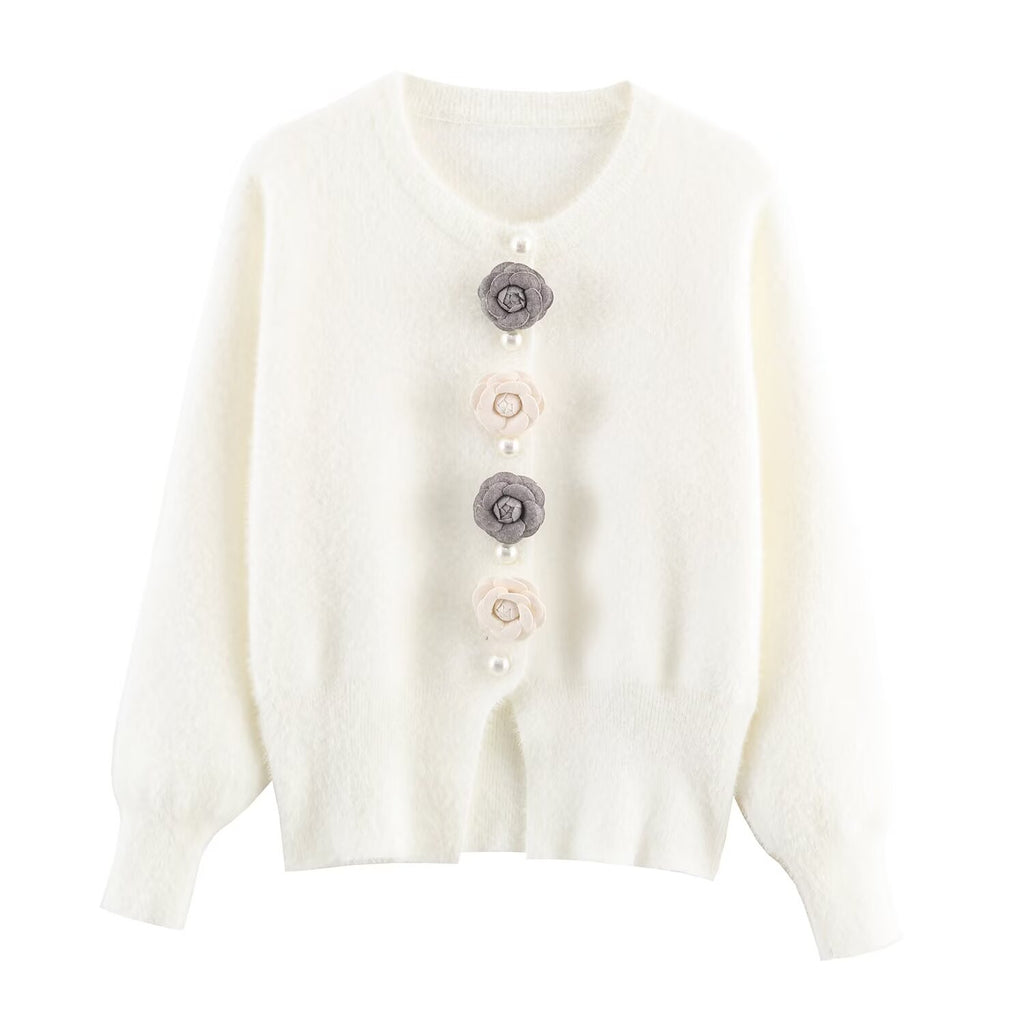 Gilet cardigan en laine à motif floral 3D, style classique chic français, avec perles et imitation vison.