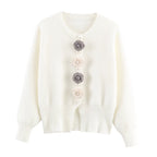 Gilet cardigan en laine à motif floral 3D, style classique chic français, avec perles et imitation vison.