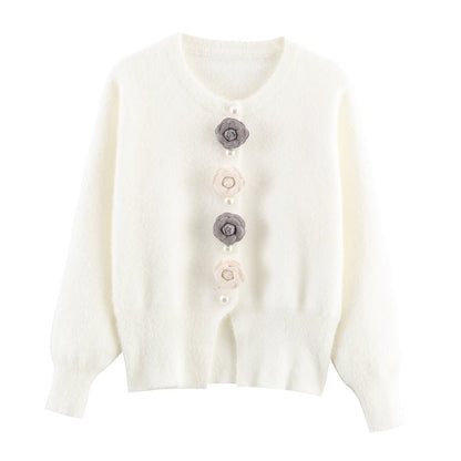 Women Clothing French Classic Chic Beaded Wool Three Dimensional Floral Knitted Imitation Mink Cardigan Coat