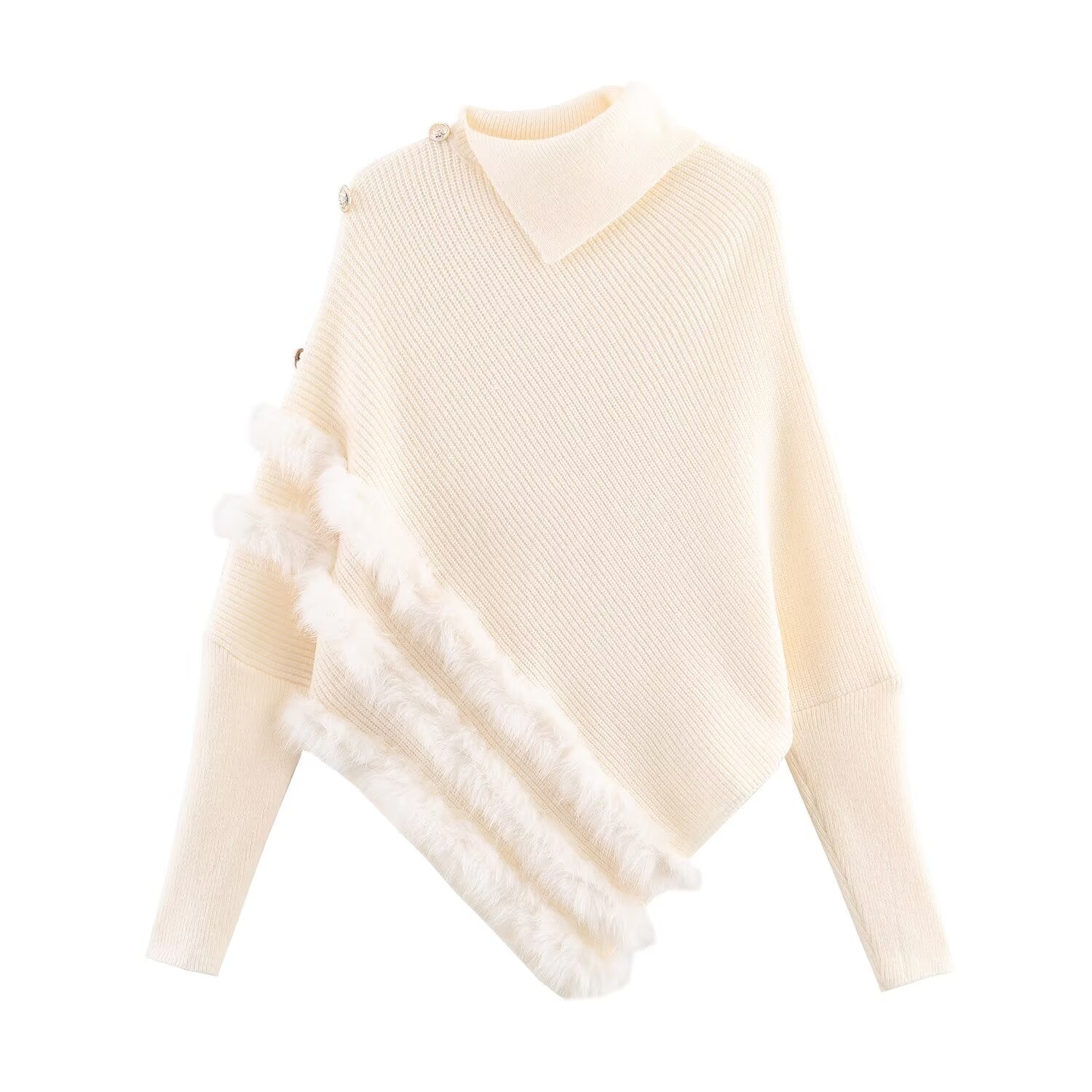 Pull asymétrique à col roulé et manches longues pour femme, style hiver, avec surpiqûres duveteuses et coupe ample.