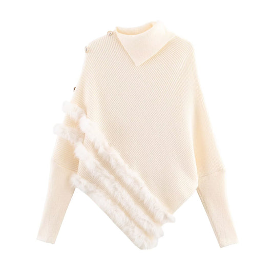 Irregular Asymmetric Turtleneck Long Sleeved Sweater Women Winter Furry Stitching Loose Sweater Top