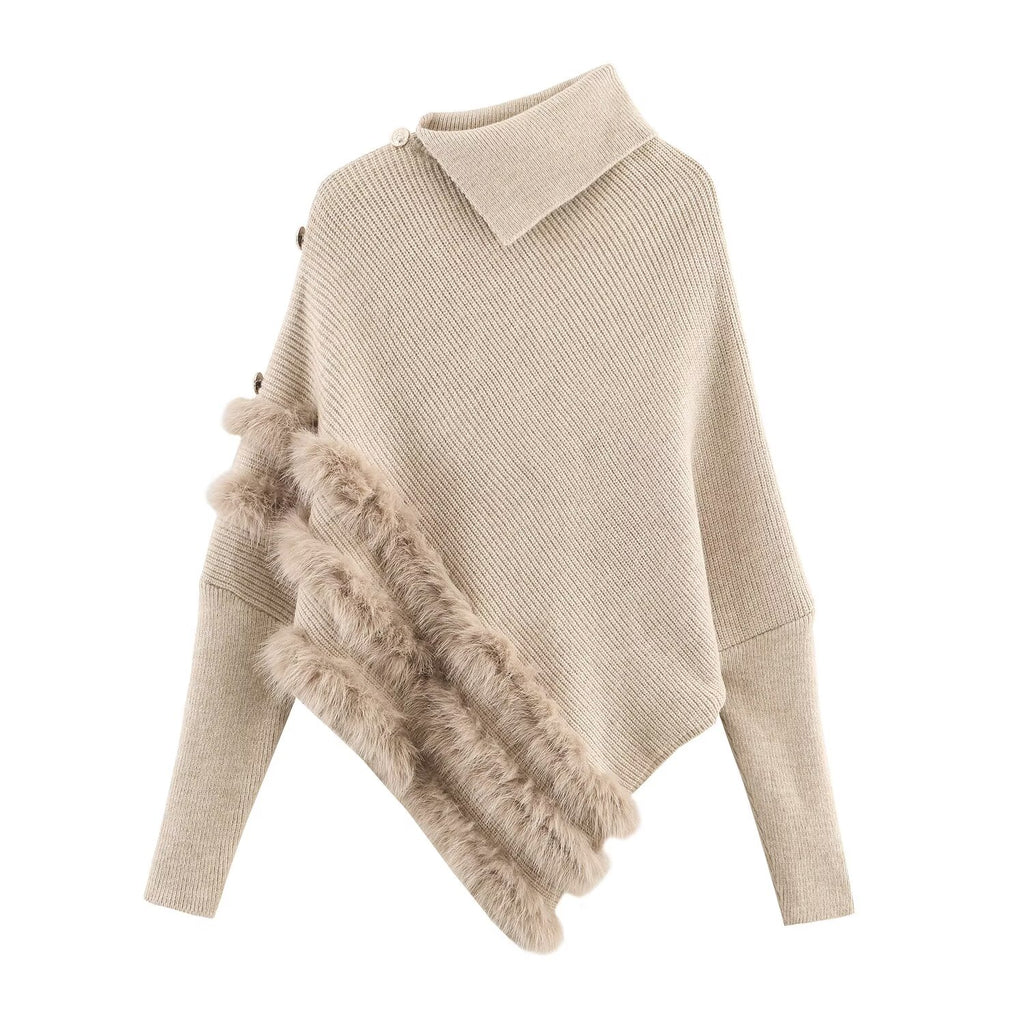 Pull asymétrique à col roulé et manches longues pour femme, style hiver, avec surpiqûres duveteuses et coupe ample.