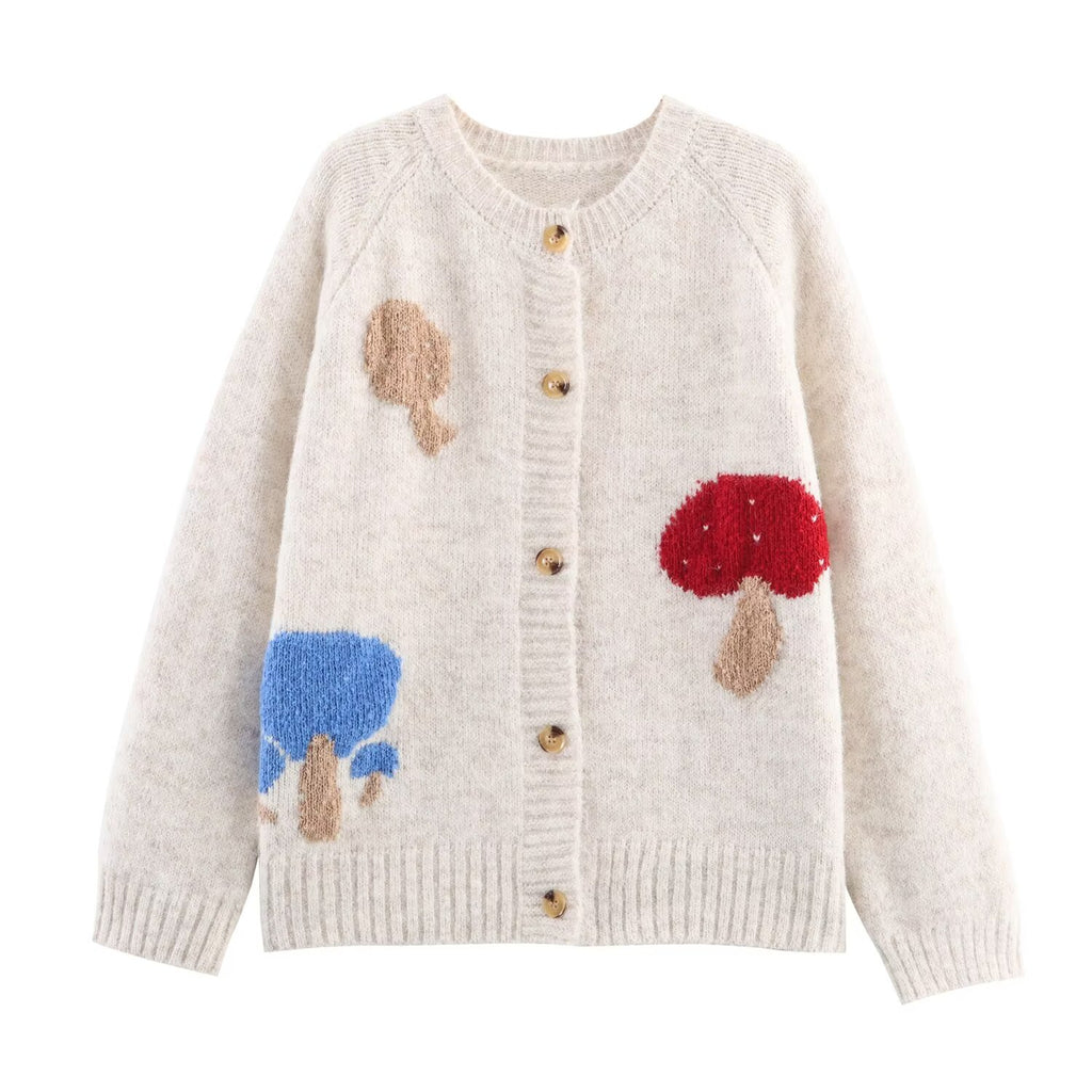 Gilet en maille à motif champignons et boutons mignons, coupe ample, style niche, vêtement d'extérieur