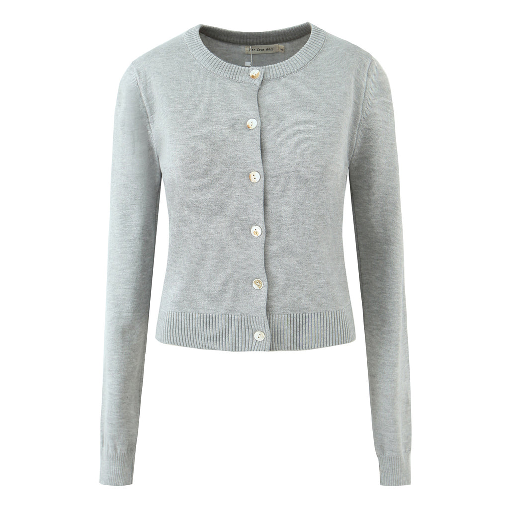 Sweet round Neck Chic Single Breasted Long Sleeve Knitted Cardigan Solid Color Short Top TinkleBell