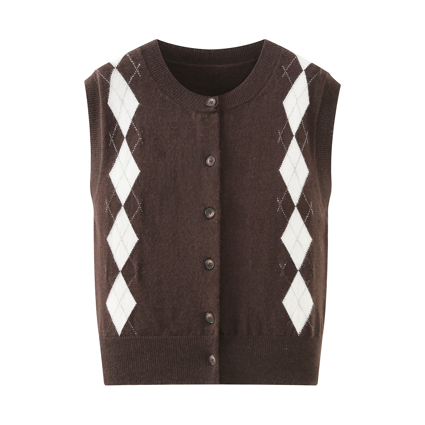 Women Clothing Autumn Diamond Plaid Retro Sleeveless Knitted Cardigan Vest
