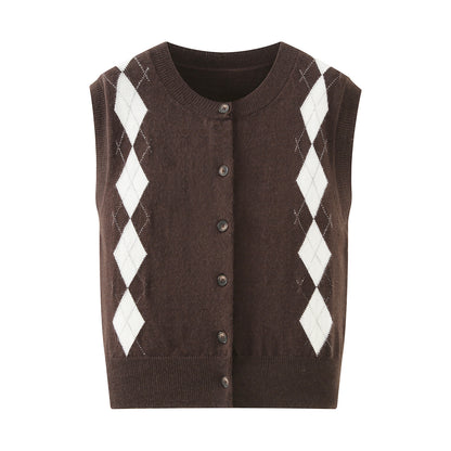 Women Clothing Autumn Diamond Plaid Retro Sleeveless Knitted Cardigan Vest