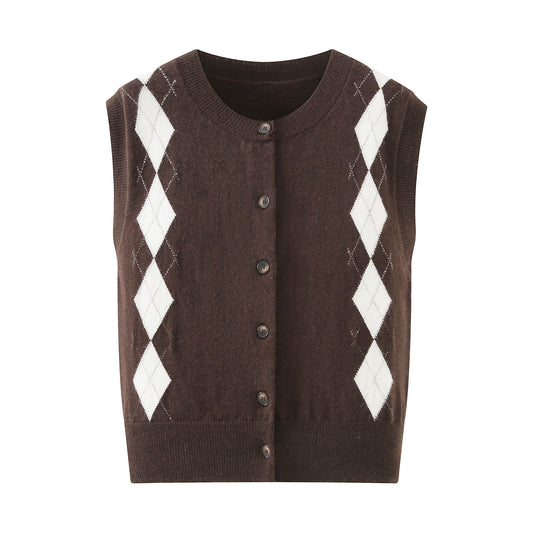 Women Clothing Autumn Diamond Plaid Retro Sleeveless Knitted Cardigan Vest