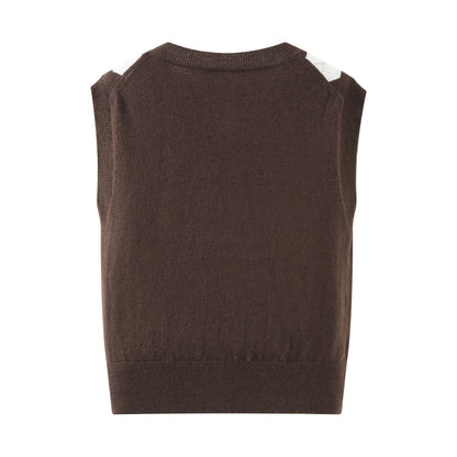 Women Clothing Autumn Diamond Plaid Retro Sleeveless Knitted Cardigan Vest