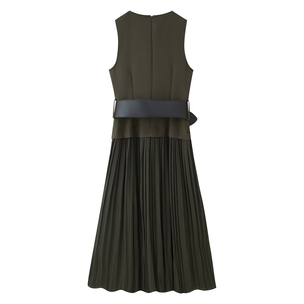 Women Clothing Autumn Lightly Mature with Belt Stitching Ruffle Midi Dress JOUNJ