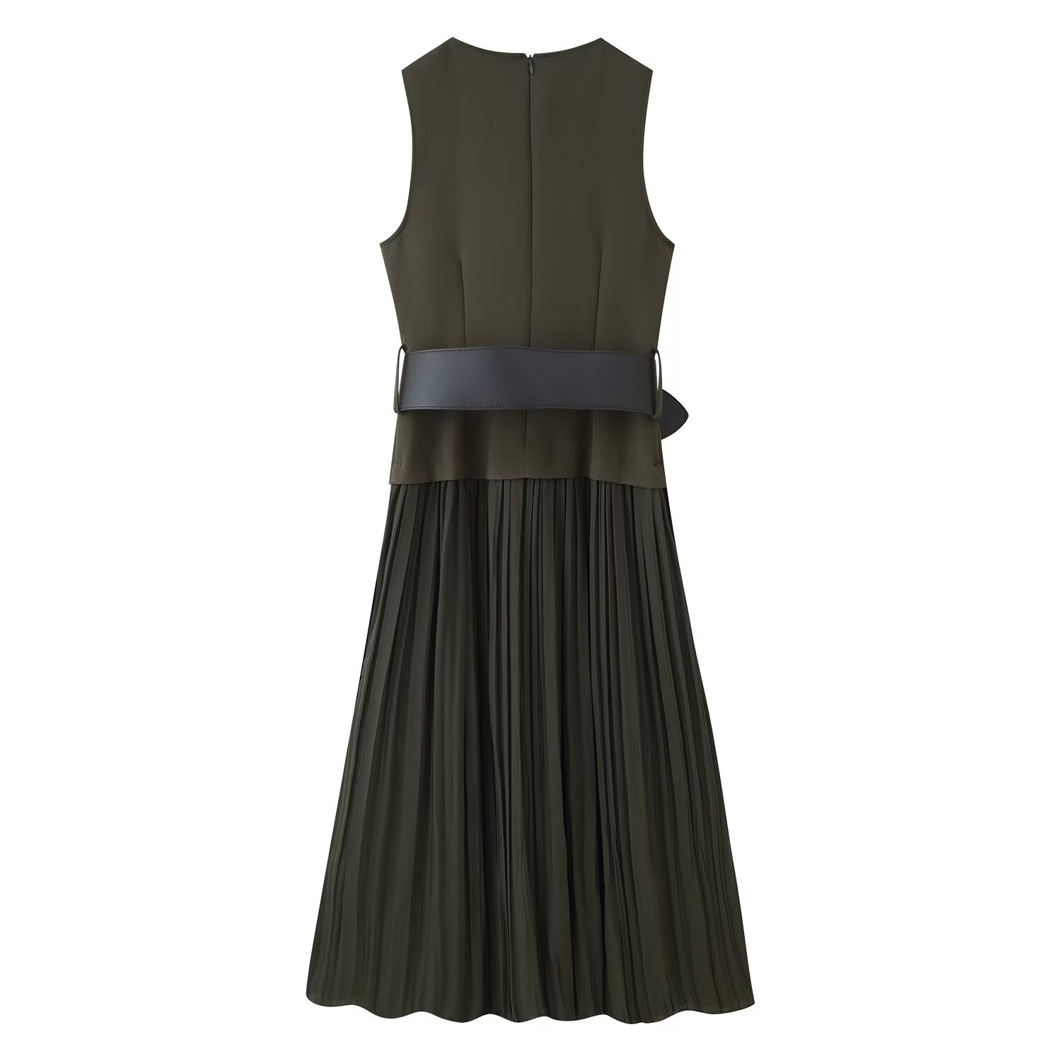 Women Clothing Autumn Lightly Mature with Belt Stitching Ruffle Midi Dress JOUNJ