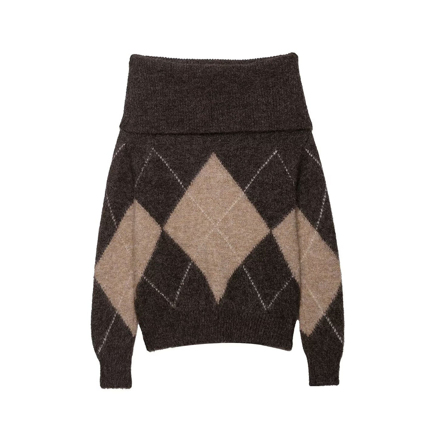 Early Autumn Women Clothing Commuting Casual All Matching Pullover Diamond Pattern Shoulder Baring Sweater Sweater