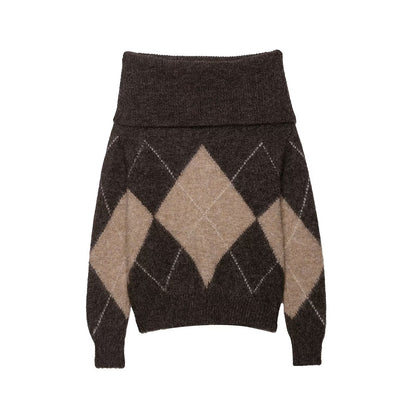 Early Autumn Women Clothing Commuting Casual All Matching Pullover Diamond Pattern Shoulder Baring Sweater Sweater