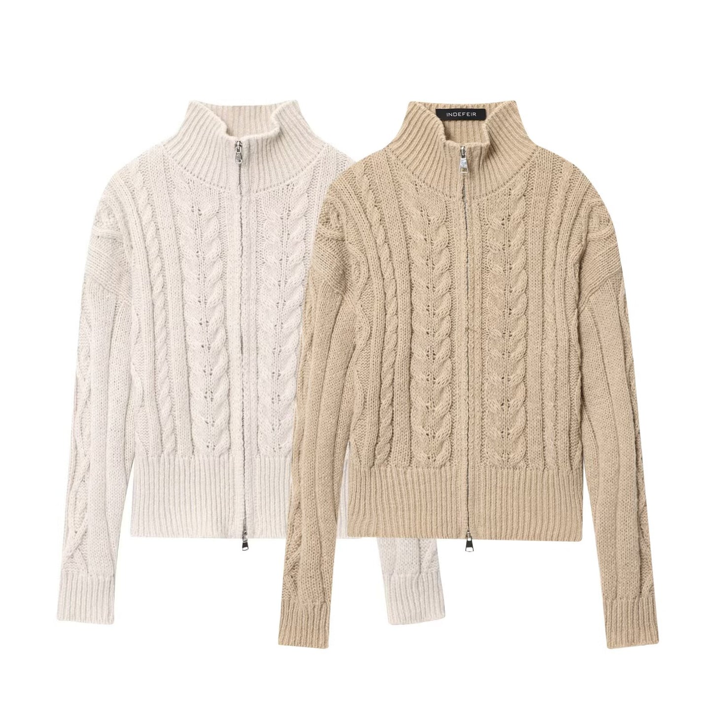 Women Idle Zipped Stand Collar Long Sleeve Twist Knitted Cardigan