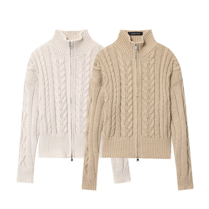 Women Idle Zipped Stand Collar Long Sleeve Twist Knitted Cardigan