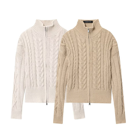 Women Idle Zipped Stand Collar Long Sleeve Twist Knitted Cardigan