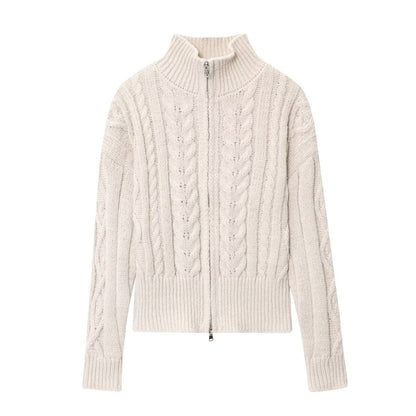 Women Idle Zipped Stand Collar Long Sleeve Twist Knitted Cardigan