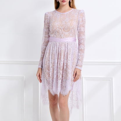 Women Lace Patchwork Pleated Waist Round Neck Long Sleeve Dress With A Shorter Front And Longer Back Design