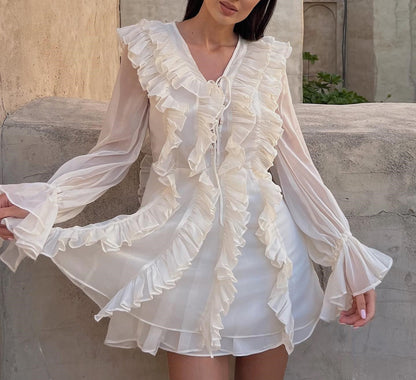 Elegant Women Clothing V neck Chiffon Multi Layer Ruffled Dress