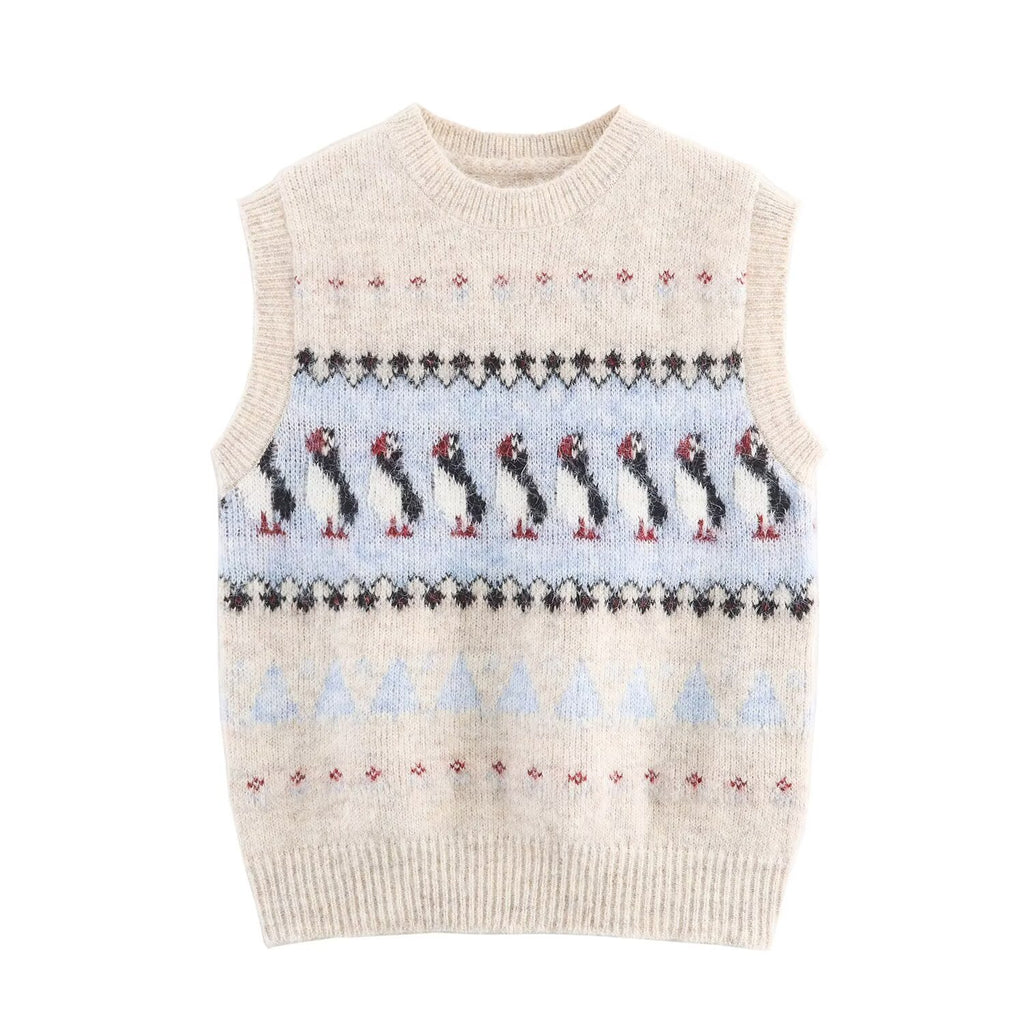 Chaleco de punto con cuello redondo y adornos florales para mujer, ropa de otoño coreana