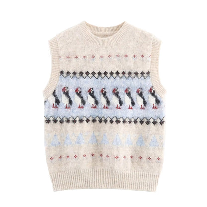 Women Clothing Autumn Korean Outerwear Bandage Floral Decorations round Neck Knitted Vest Top