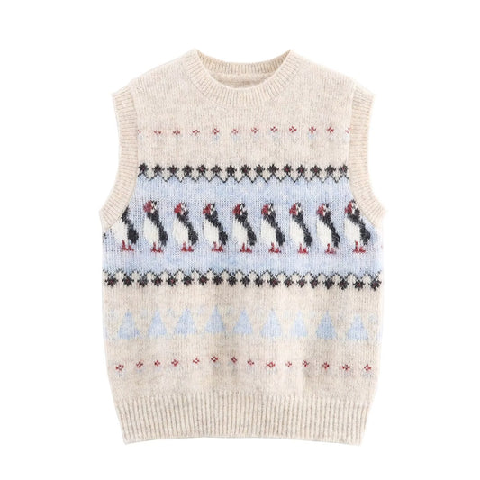 Women Clothing Autumn Korean Outerwear Bandage Floral Decorations round Neck Knitted Vest Top