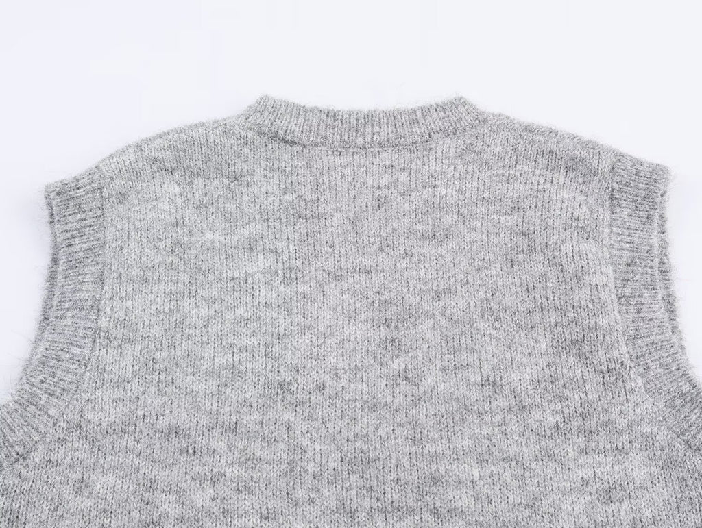 Chaleco de punto con cuello redondo y adornos florales para mujer, ropa de otoño coreana