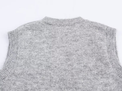 Women Clothing Autumn Korean Outerwear Bandage Floral Decorations round Neck Knitted Vest Top