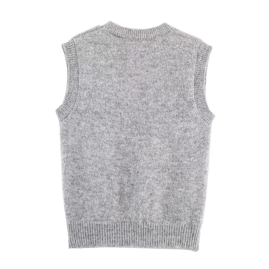 Chaleco de punto con cuello redondo y adornos florales para mujer, ropa de otoño coreana