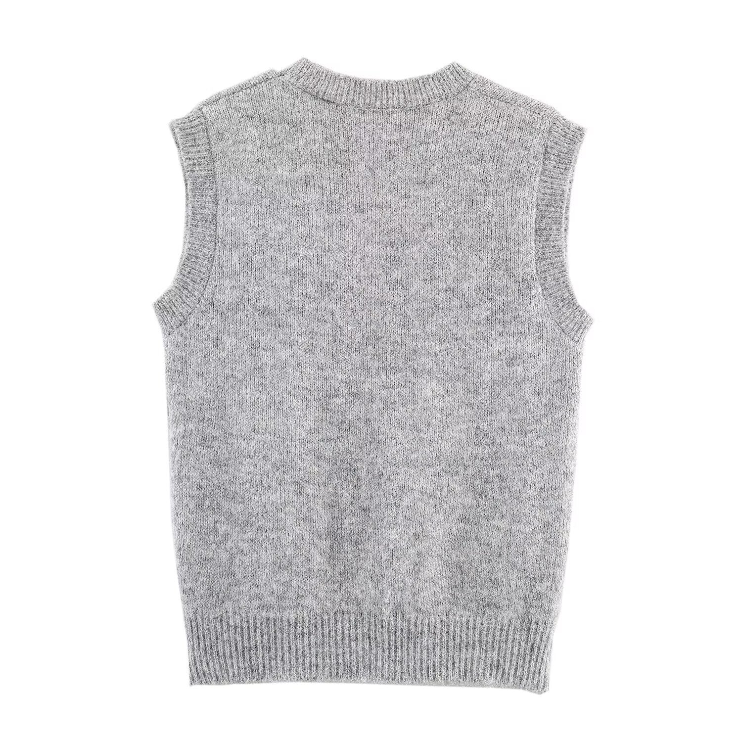 Chaleco de punto con cuello redondo y adornos florales para mujer, ropa de otoño coreana