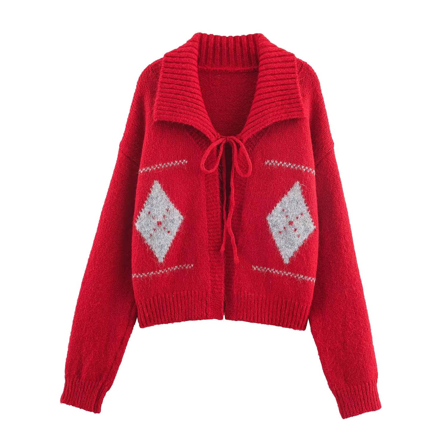 Cárdigan de punto con solapas retro y cordones de jacquard para mujer, suéter holgado y adelgazante de otoño