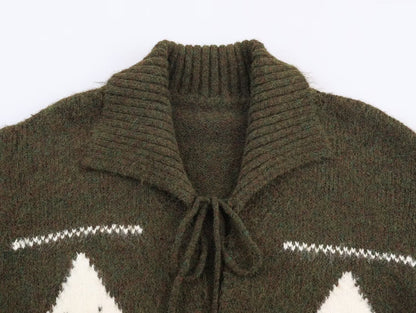 Idle Retro Lapels Jacquard Lace up Knitted Cardigan Autumn Loose Slimming Sweater Coat for Women