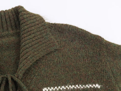 Idle Retro Lapels Jacquard Lace up Knitted Cardigan Autumn Loose Slimming Sweater Coat for Women