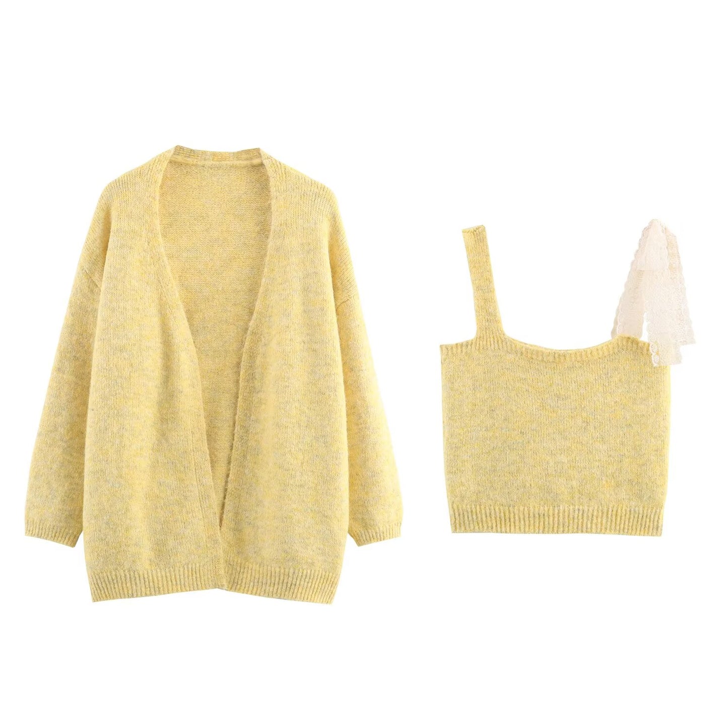 Women Lace Collared Blouse Shoulder Strap Two Piece Knitted Cardigan Set