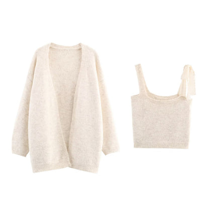 Women Lace Collared Blouse Shoulder Strap Two Piece Knitted Cardigan Set