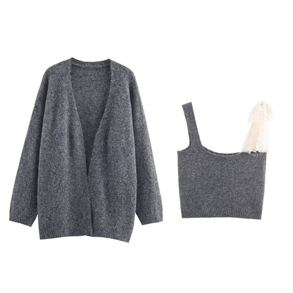 Women Lace Collared Blouse Shoulder Strap Two Piece Knitted Cardigan Set