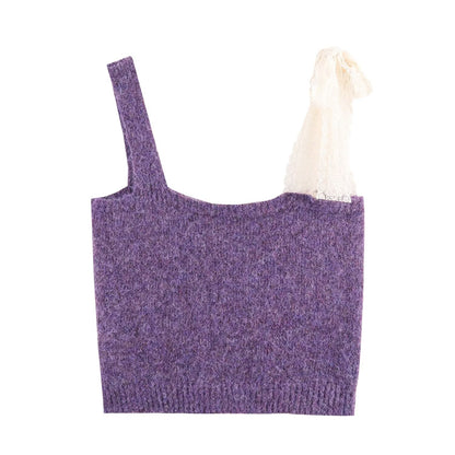 Women Lace Collared Blouse Shoulder Strap Two Piece Knitted Cardigan Set