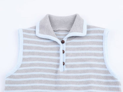 Women Clothing Fall Fresh Age Reducing Stripe Decoration Collared Short Vest