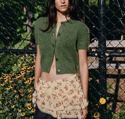 Early Autumn Women Clothing Office round Neck Short Sleeves Single Breasted Knitwear