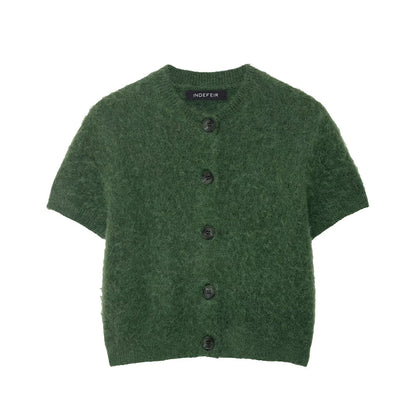 Early Autumn Women Clothing Office round Neck Short Sleeves Single Breasted Knitwear