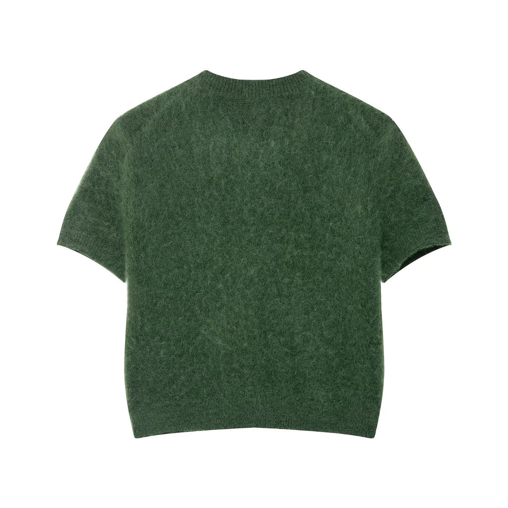 Ropa de oficina para mujer de principios de otoño, cuello redondo, manga corta, botonadura sencilla, punto