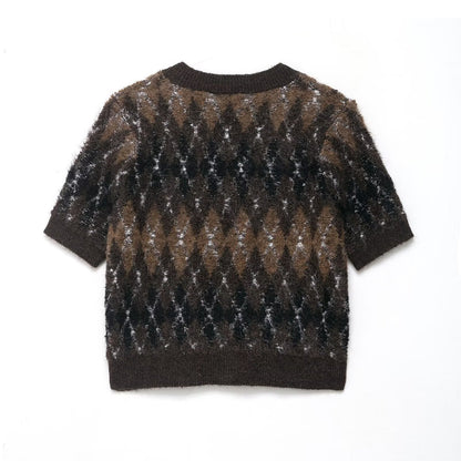 Women Clothing Autumn Beautiful Diamond Pattern Short Sleeve Knitted Coat