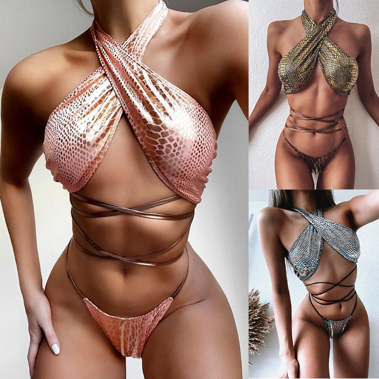 Bikini sexy con estampado de serpiente para mujer, traje de baño de tela con vendaje, traje de baño de fisión