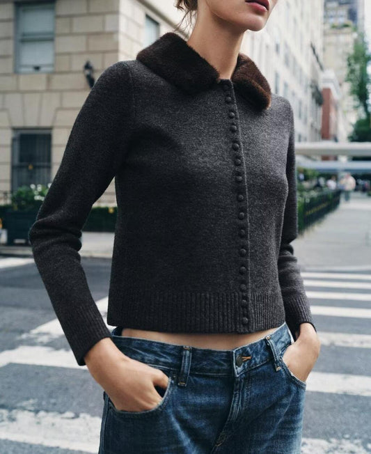 Fall Women Clothing Artificial Fur Effect Collared Knitted Coat