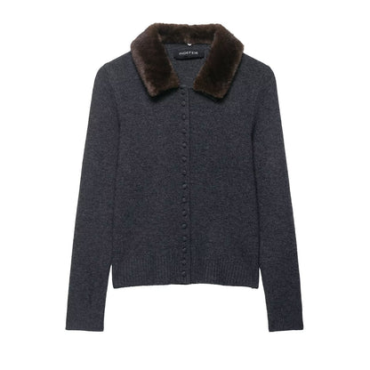 Fall Women Clothing Artificial Fur Effect Collared Knitted Coat